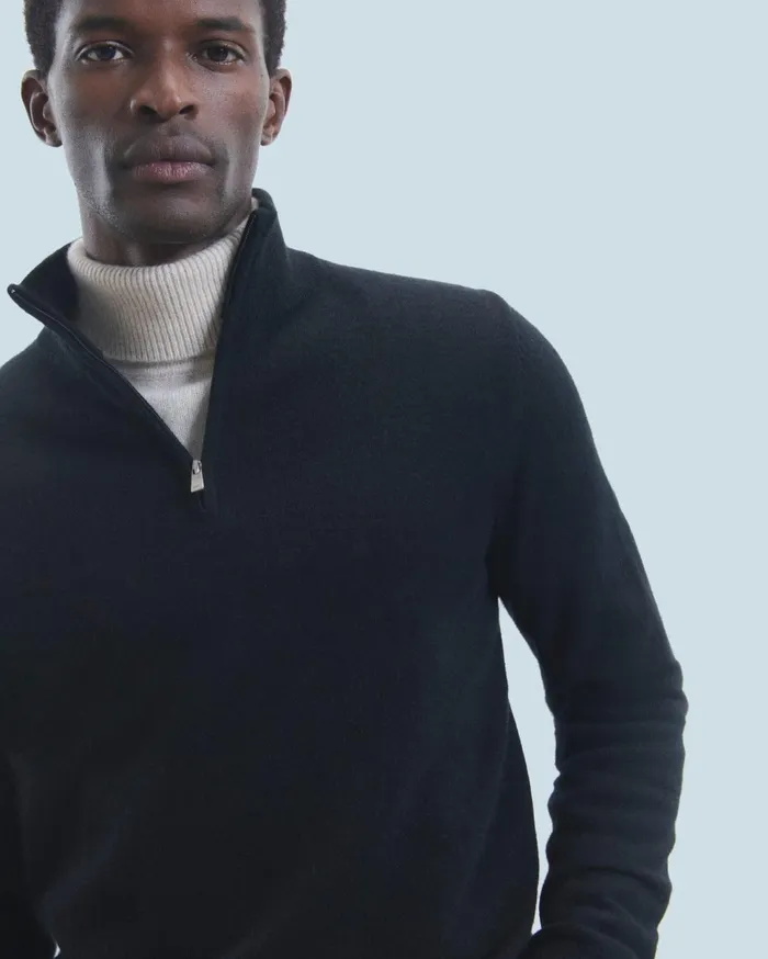 From Future Cashmere Sweaters Men Basic Quarter Zip Neck Sweater Black