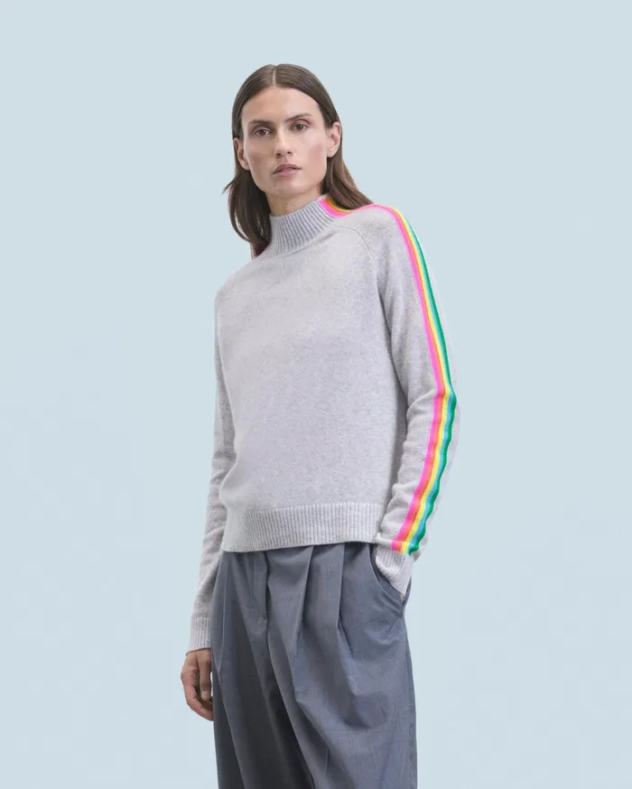 From Future Cashmere Sweaters Women Mock Neck Sweater With Multico Light Stripes Sleeves Light Heather Gray