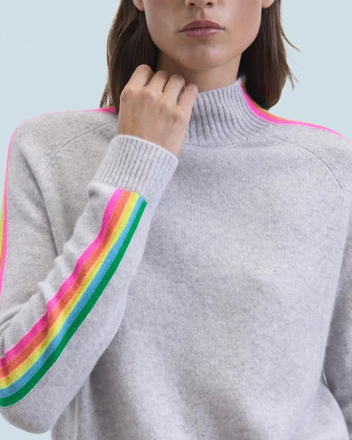 From Future Cashmere Sweaters Women Mock Neck Sweater With Multico Light Stripes Sleeves Light Heather Gray