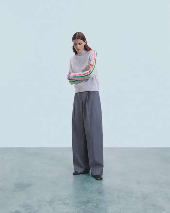 From Future Cashmere Sweaters Women Mock Neck Sweater With Multico Light Stripes Sleeves Light Heather Gray