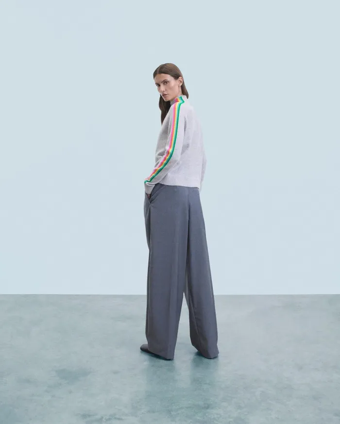 From Future Cashmere Sweaters Women Mock Neck Sweater With Multico Light Stripes Sleeves Light Heather Gray