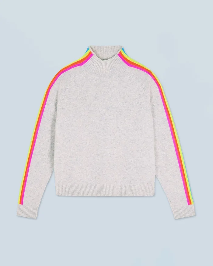 From Future Cashmere Sweaters Women Mock Neck Sweater With Multico Light Stripes Sleeves Light Heather Gray