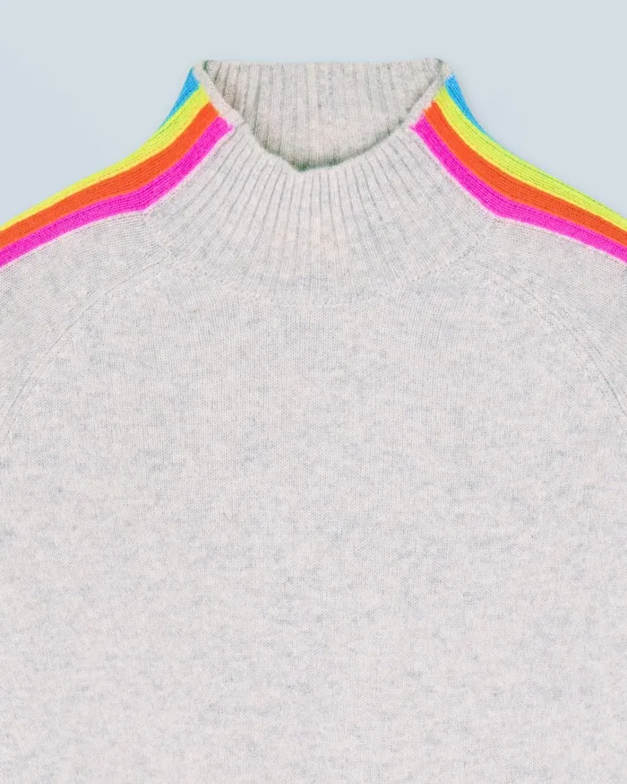 From Future Cashmere Sweaters Women Mock Neck Sweater With Multico Light Stripes Sleeves Light Heather Gray