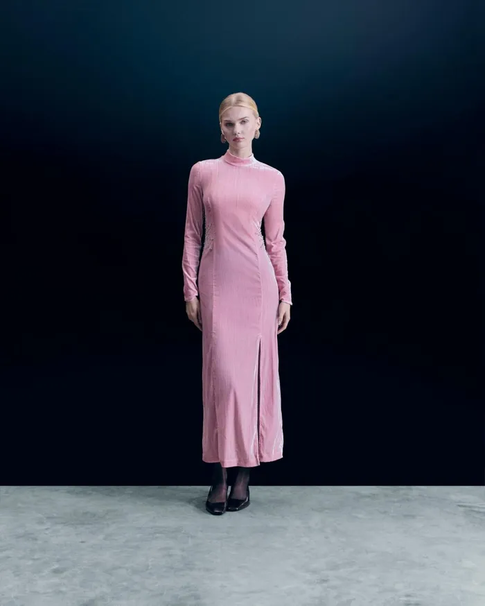 From Future Dresses and Jumpsuits Women Crinkle Velvet Long Sleeve Long Dress Crystal Pink