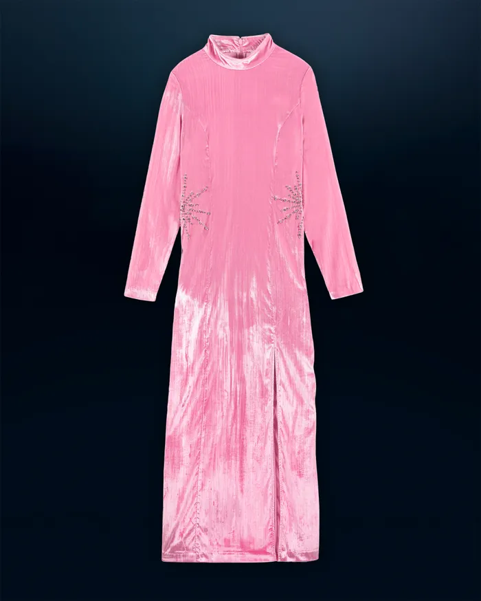 From Future Dresses and Jumpsuits Women Crinkle Velvet Long Sleeve Long Dress Crystal Pink