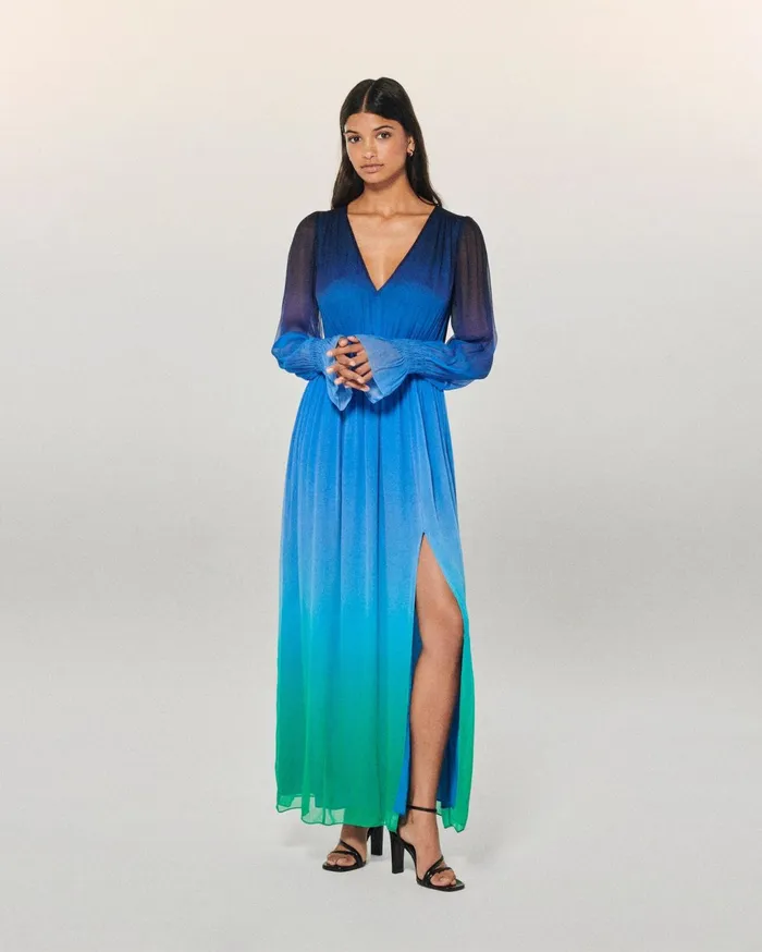 From Future Dresses and Jumpsuits Women Long Sleeve Chiffon Long Dress Blurry Ocean