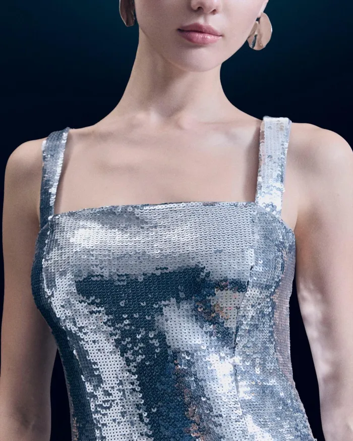 From Future Dresses and Jumpsuits Women Short Sequin Strap Dress Silver