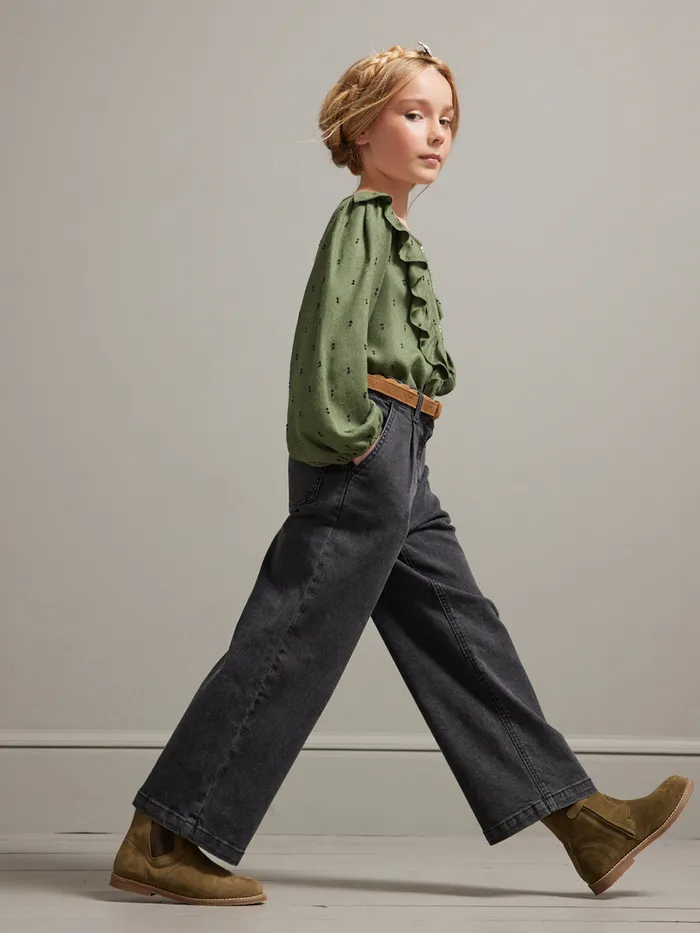 Girls Cyrillus Clothing WideLeg Denim Trousers Gris Delave