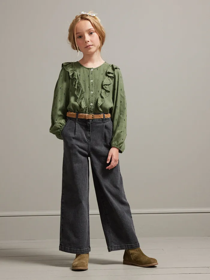 Girls Cyrillus Clothing WideLeg Denim Trousers Gris Delave