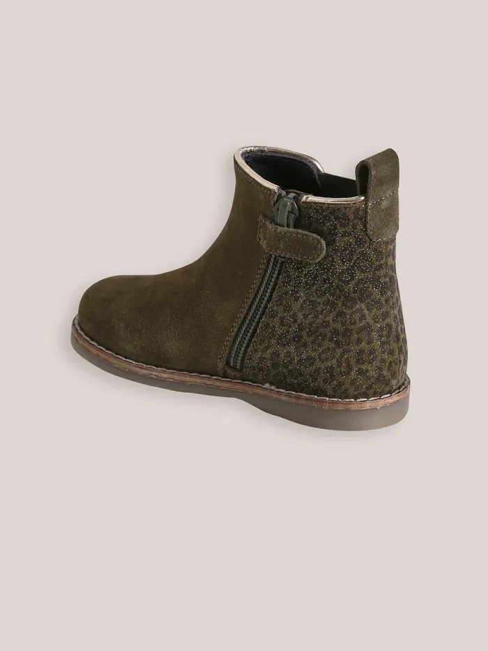 Girls Cyrillus Shoes Leather Leopard Print Ankle Boots Kaki