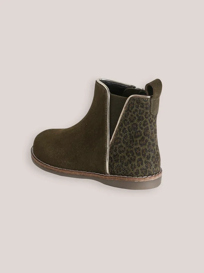 Girls Cyrillus Shoes Leather Leopard Print Ankle Boots Kaki