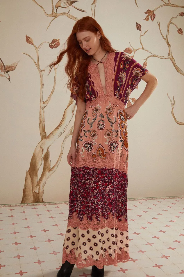 Glam Tapestry Burgundy Laces Short Sleeve Maxi Dress Women Farm Rio Maxi Dresses