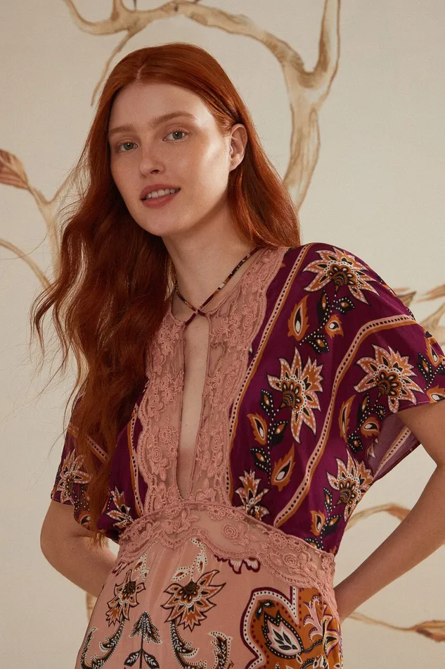 Glam Tapestry Burgundy Laces Short Sleeve Maxi Dress Women Farm Rio Maxi Dresses
