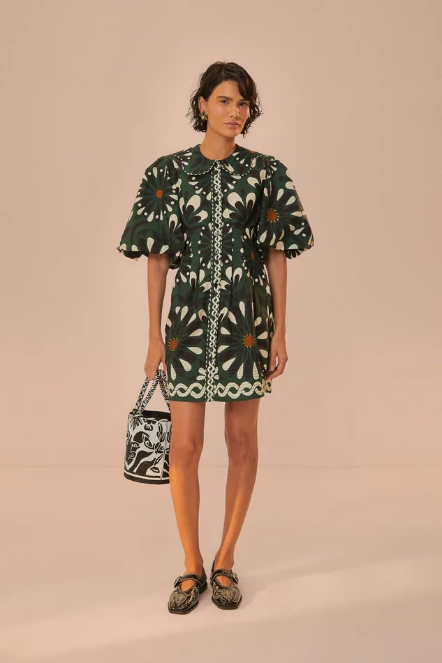Green Ainika Flowers Short Sleeve Mini Dress Women Farm Rio Mini Dresses