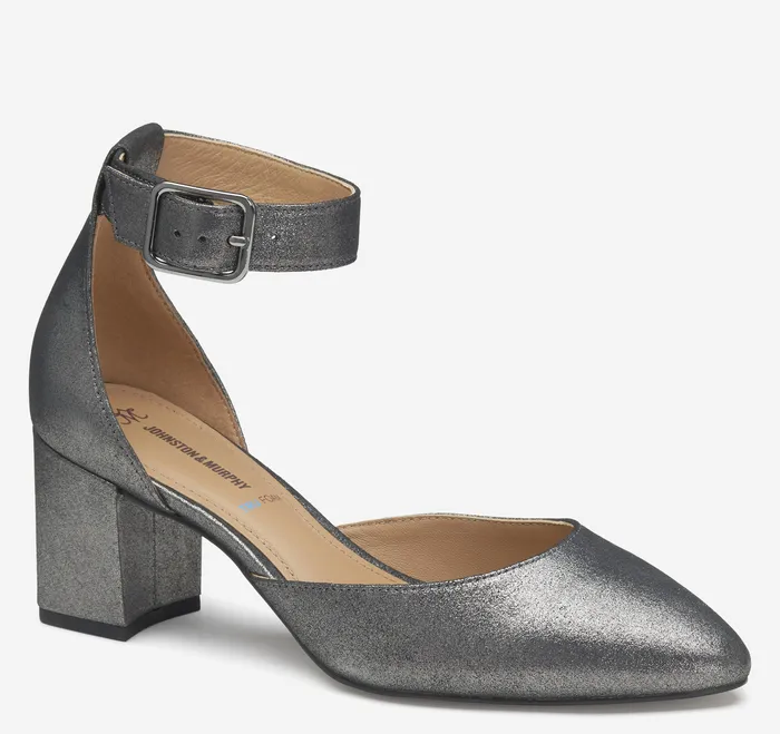 Heels and Platform Wedges Vicki Ankle Strap Pewter Metallic Kid Suede 8211 Johnston and Murphy Women