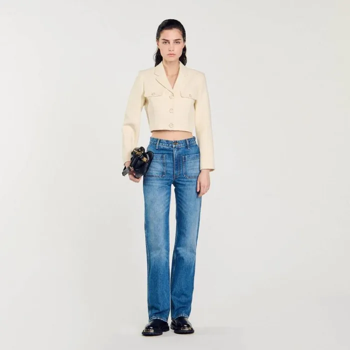 Jackets and Blazers Women SANDRO Cropped Tweed Buttonup Jacket Ecru