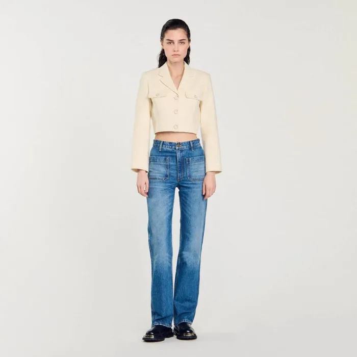 Jackets and Blazers Women SANDRO Cropped Tweed Buttonup Jacket Ecru