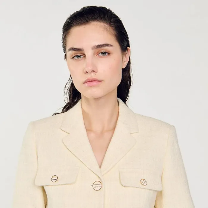 Jackets and Blazers Women SANDRO Cropped Tweed Buttonup Jacket Ecru