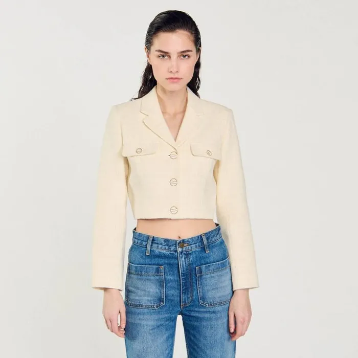 Jackets and Blazers Women SANDRO Cropped Tweed Buttonup Jacket Ecru