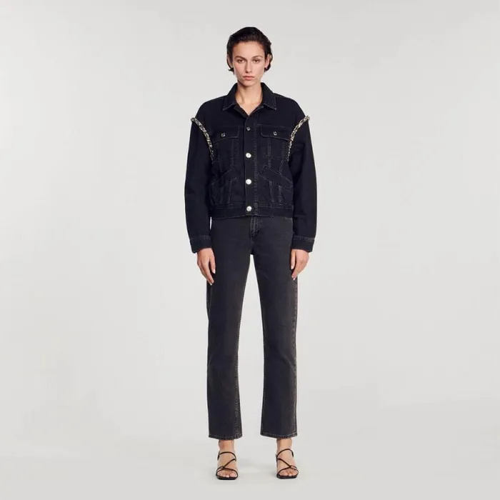 Jackets and Blazers Women SANDRO Oversized Denim Jacket With Rhinestones Black