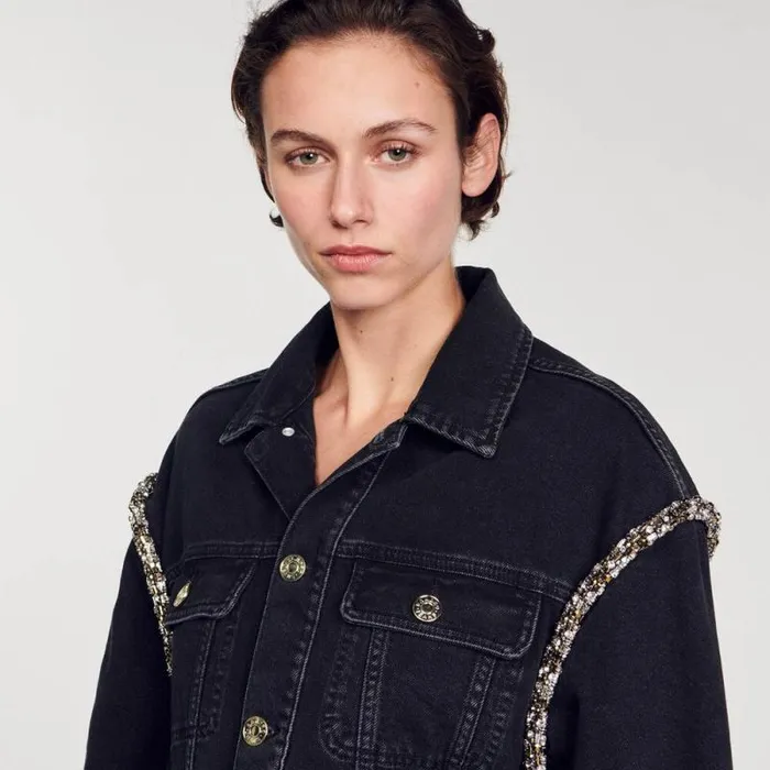 Jackets and Blazers Women SANDRO Oversized Denim Jacket With Rhinestones Black