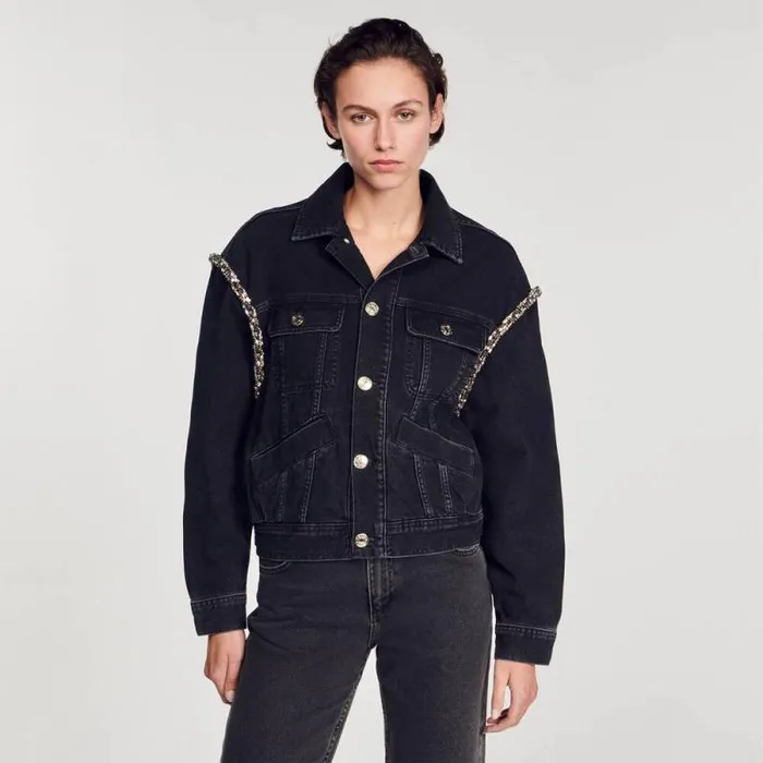 Jackets and Blazers Women SANDRO Oversized Denim Jacket With Rhinestones Black