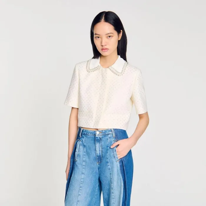 Jackets and Blazers Women SANDRO Shortsleeved Rhinestone Jacket Ecru