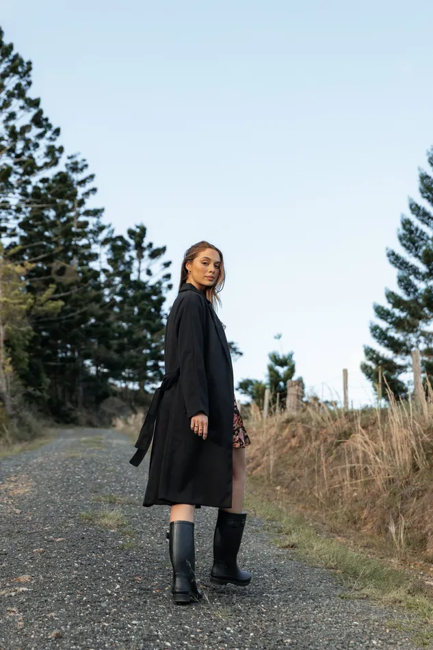 Jackets and Coats Kloss Tie Front Long Coat 8211 Black Black 8211 petalandpup Women