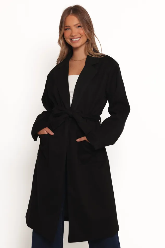 Jackets and Coats Kloss Tie Front Long Coat 8211 Black Black 8211 petalandpup Women
