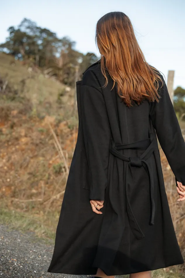 Jackets and Coats Kloss Tie Front Long Coat 8211 Black Black 8211 petalandpup Women