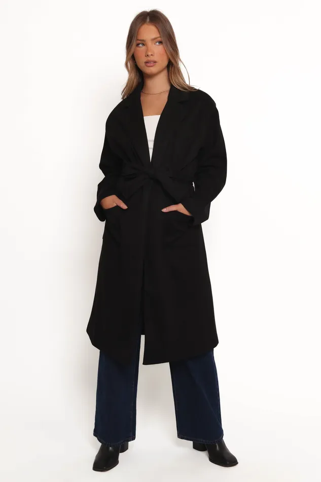 Jackets and Coats Kloss Tie Front Long Coat 8211 Black Black 8211 petalandpup Women