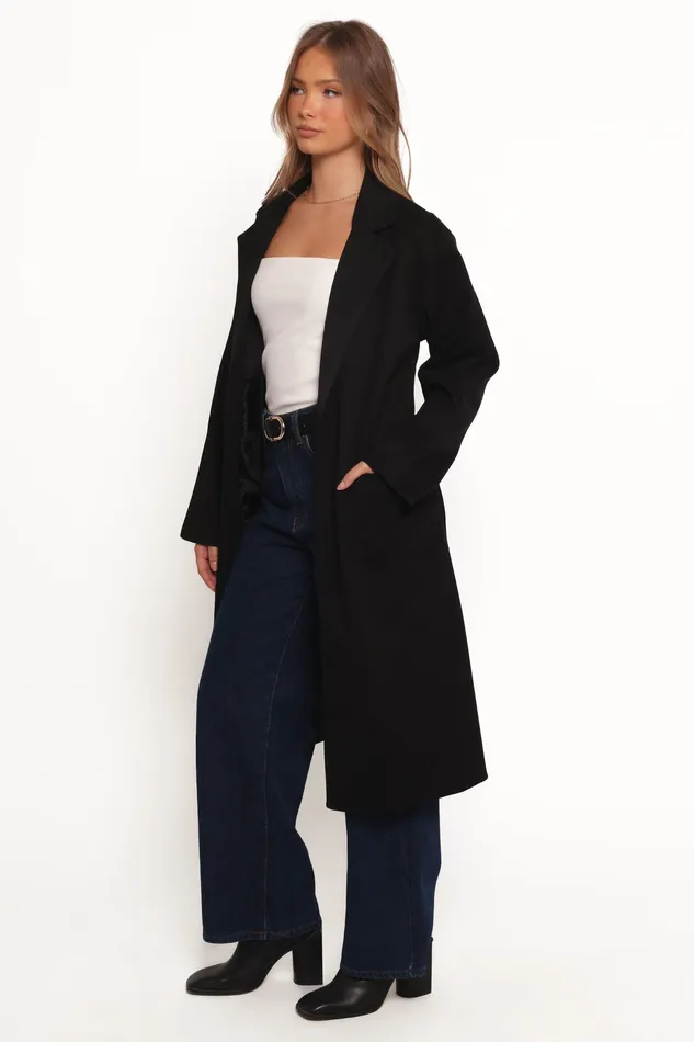 Jackets and Coats Kloss Tie Front Long Coat 8211 Black Black 8211 petalandpup Women