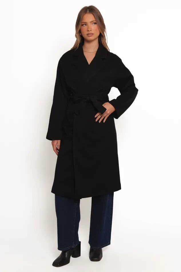 Jackets and Coats Kloss Tie Front Long Coat 8211 Black Black 8211 petalandpup Women