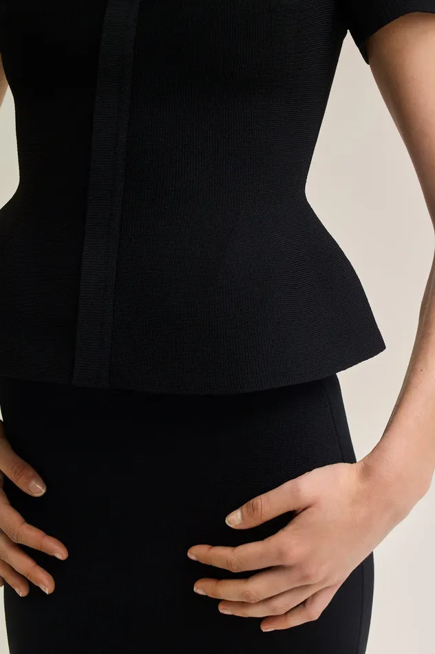 Jackets CREPE KNIT SHORT SLEEVE PEPLUM JACKET BLACK 8211 Scanlan Theodore Women Jackets CREPE KNIT SHORT SLEEVE PEPLUM JACKET BLACK 8211 Scanlan Theodore Women