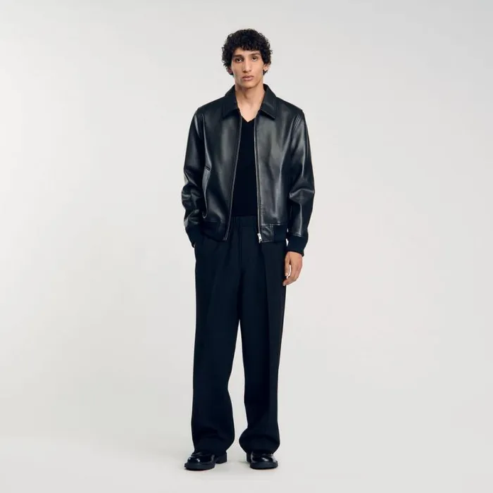 Jackets Men SANDRO Plain Leather Jacket Black