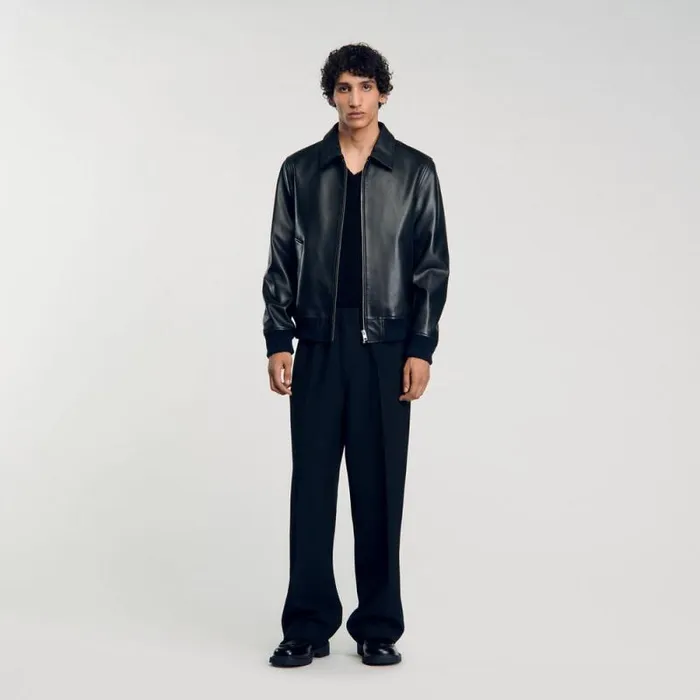 Jackets Men SANDRO Plain Leather Jacket Black