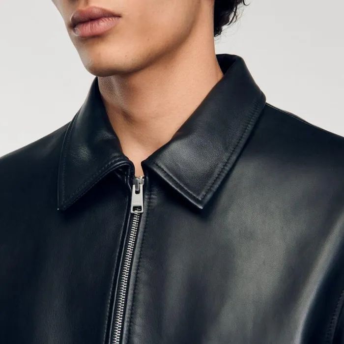 Jackets Men SANDRO Plain Leather Jacket Black