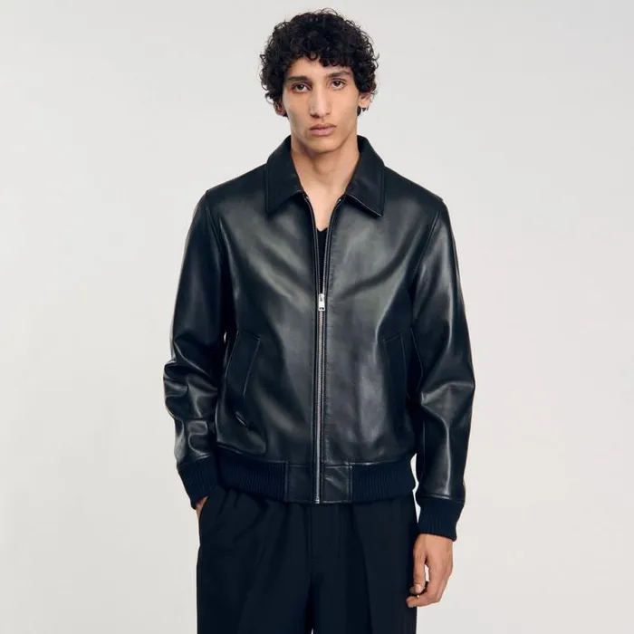Jackets Men SANDRO Plain Leather Jacket Black