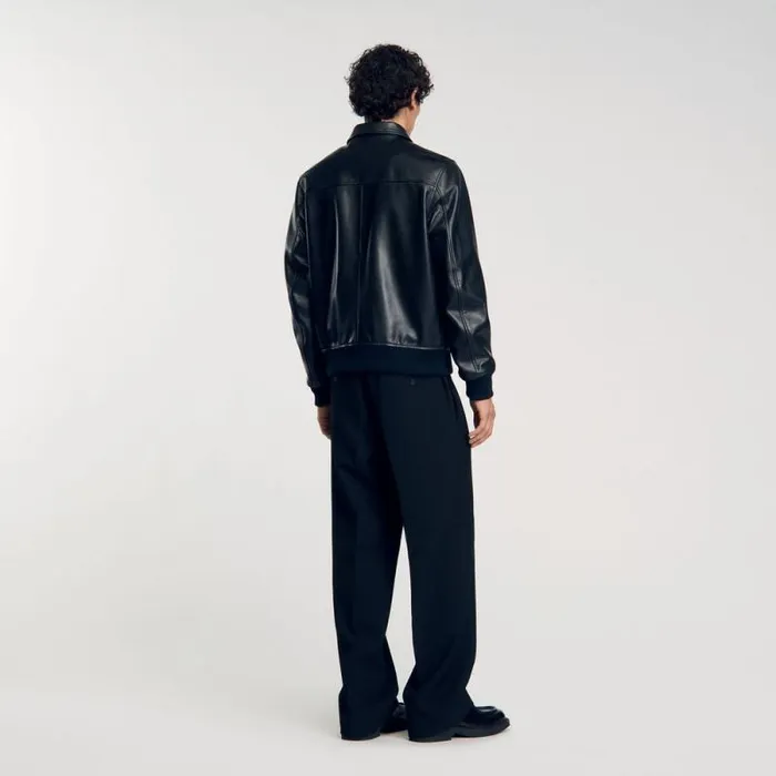 Jackets Men SANDRO Plain Leather Jacket Black