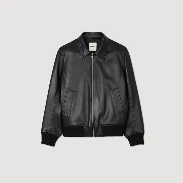 Jackets Men SANDRO Plain Leather Jacket Black