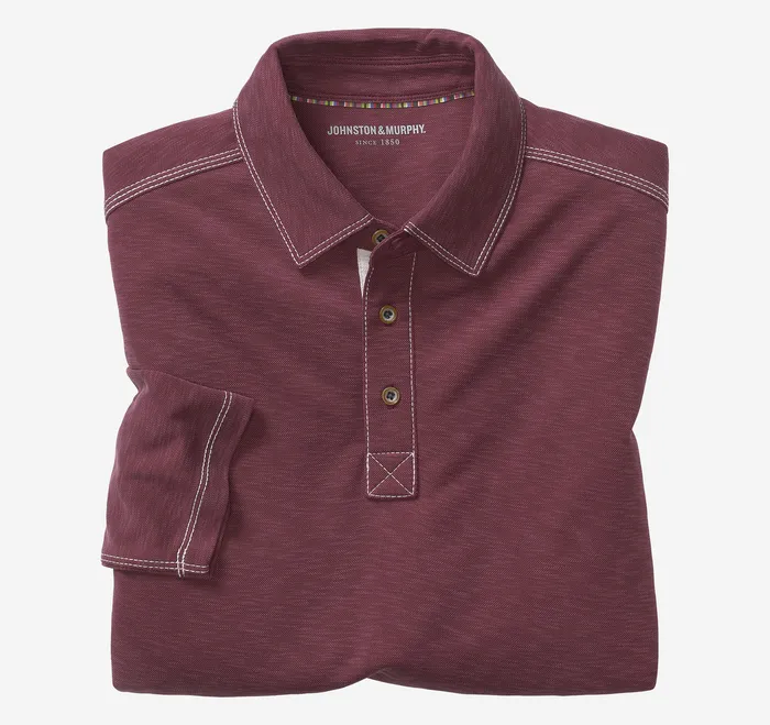 Johnston and Murphy Polos and Tees Men Vintage Slub LongSleeve Polo Burgundy