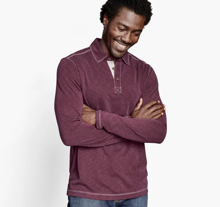Johnston and Murphy Polos and Tees Men Vintage Slub LongSleeve Polo Burgundy