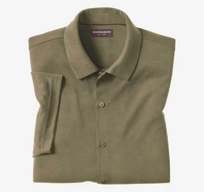 Johnston and Murphy ShortSleeve Shirts Men Vintage Birdseye ButtonFront Shirt Olive