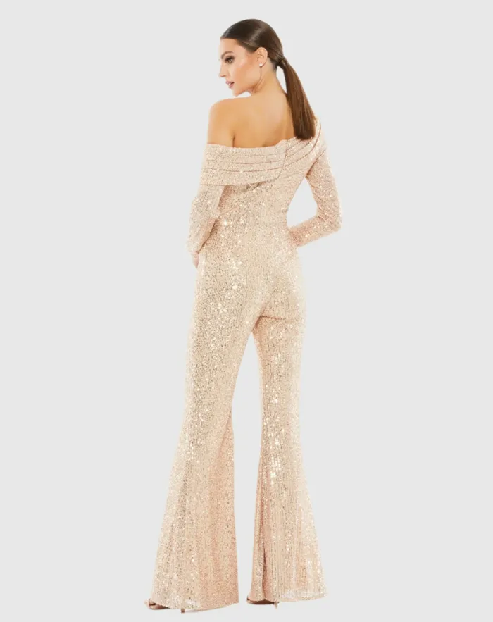 Jumpsuits and Rompers Gold Sequined Drop Shoulder Long Sleeve Jumpsuit Rose Gold 8211 Mac Duggal Women