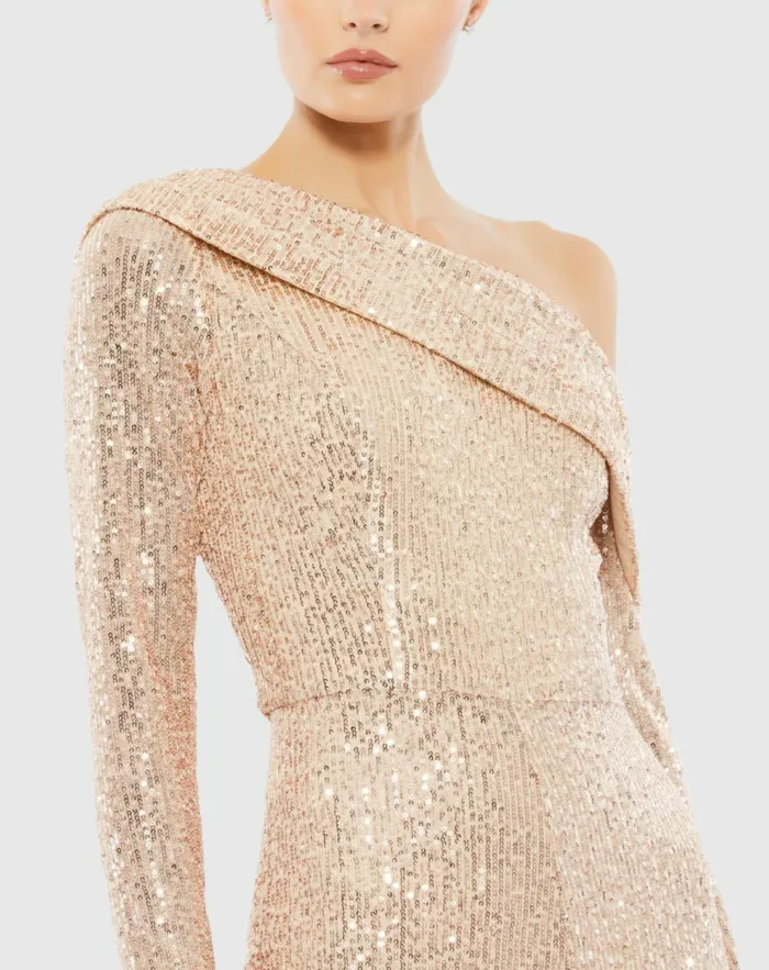 Jumpsuits and Rompers Gold Sequined Drop Shoulder Long Sleeve Jumpsuit Rose Gold 8211 Mac Duggal Women