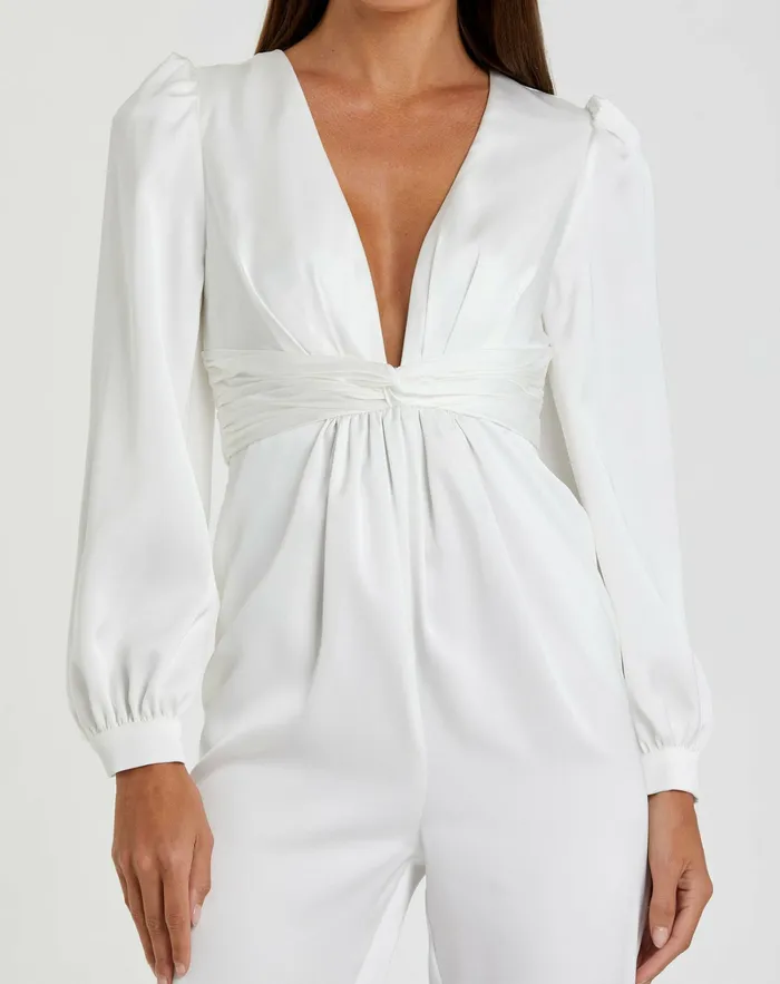 Jumpsuits and Rompers White Front Twist Puff Sleeve Deep V Jumpsuit White Mac Duggal Women