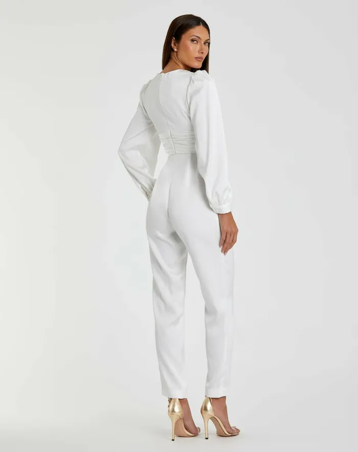 Jumpsuits and Rompers White Front Twist Puff Sleeve Deep V Jumpsuit White Mac Duggal Women
