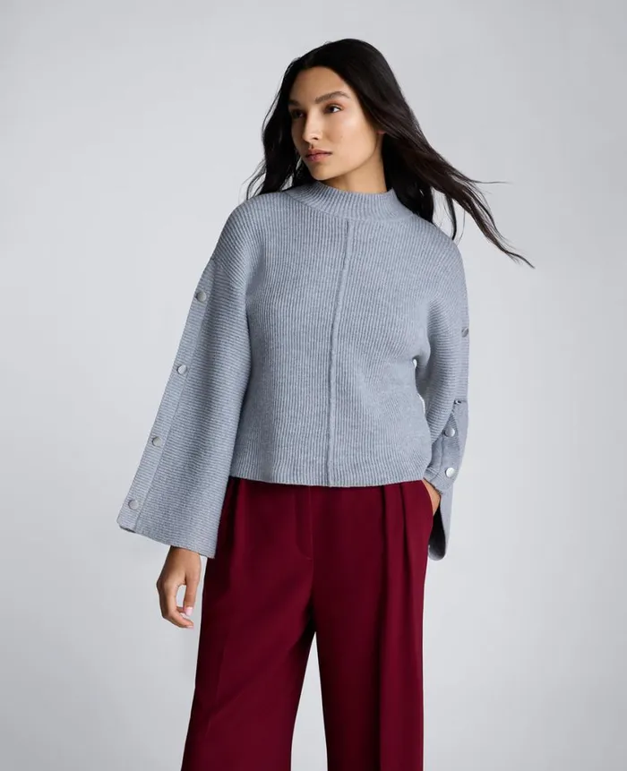 Kenneth Cole Sweaters Women Mock Neck Pullover Sweater With Placket Sleeve Grey