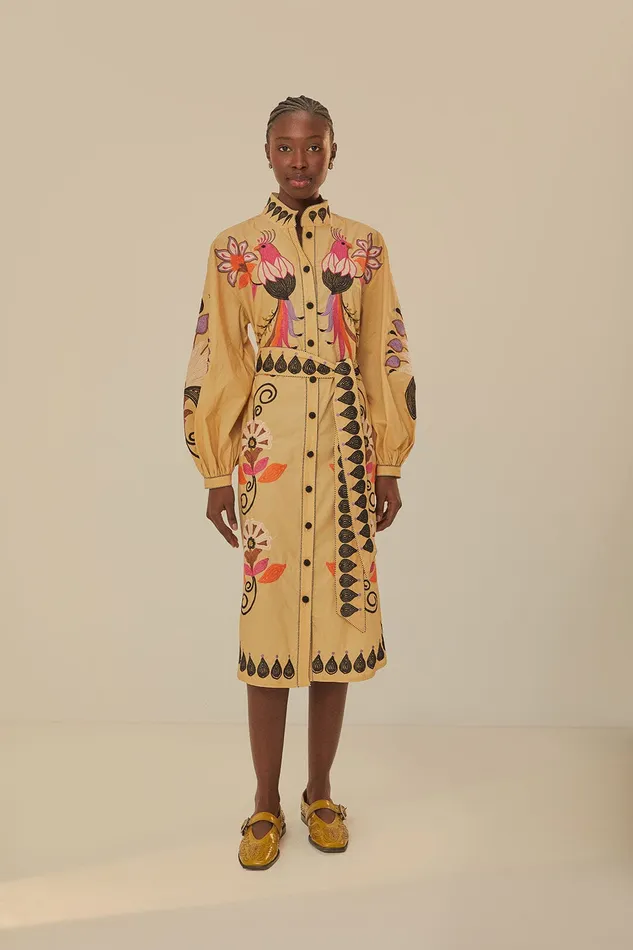 Khaki Flower Bird Embroidered Midi Dress Women Farm Rio Midi Dresses