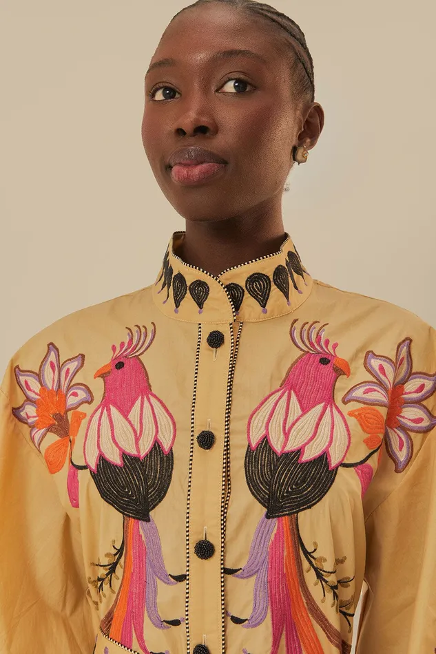 Khaki Flower Bird Embroidered Midi Dress Women Farm Rio Midi Dresses